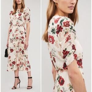 Maje Rondi Floral Print Midi Dress Ruched Botanical Cream Crepe Size 1 or Small